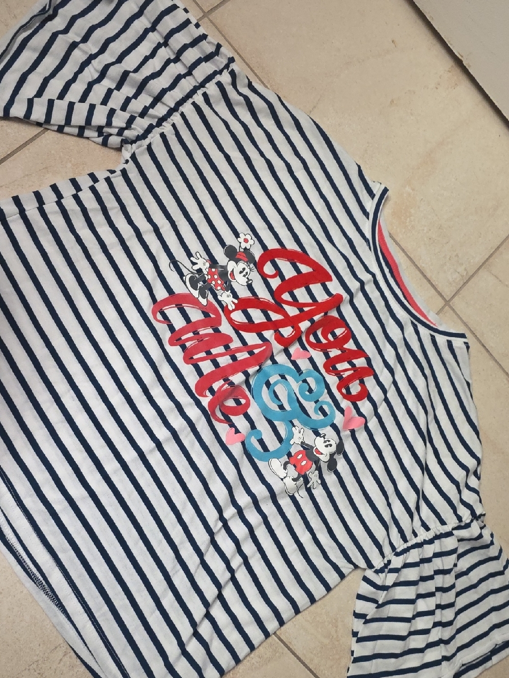 Disney Navy & White Striped Minnie Mouse Tee with Red & Aqua Graphic
